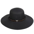 Women's wide brim black woven straw hat with brown leather band and bull metal detail - 56-58cm / Bull Skull Rivet Belt (286D) / Black