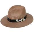 Khaki woven straw hat with black ribbon, white pearls and floral accents for summer - Pearl Flower / Khaki