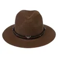 Chapeau Panama classique en paille marron avec bande en cuir et tête de taureau argentée - 56-58cm / Bande de Cuir à Rivets Tête de Taureau / Café