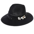 Classic black woven fedora straw hat with elegant pearls and white flower ribbon detail - Pearl Flower / Black