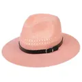 Pink breathable woven fedora straw hat with black belted trim and silver buckle - Buckle Belt Style / Pink