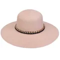 Light pink wide brim straw sun hat with black leather strap and gold chain detail - 56-58cm / Metal Chain Leather Belt (288A) / Pink