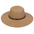 Khaki wide brim straw sun hat with black leather and gold metal chain decoration - 56-58cm / Metal Chain Leather Belt (288B) / Khaki