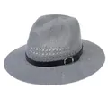 Grey breathable woven fedora hat with a black leather band and silver metal buckle - Buckle Belt Style / Gray