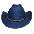 Dunkelblauer Stroh-Cowboyhut mit böhmischem Ethno-Band und silbernen Metallschnallen - Flach-Top-Stil (347) / Mittelblau