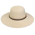 Light beige wide brim straw hat with elegant black leather and gold chain hatband - 56-58cm / Metal Chain Leather Belt (288C) / Beige
