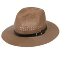 Men's and women's brown woven straw fedora hat with a black leather band and metal buckle - Buckle Belt Style / Khaki