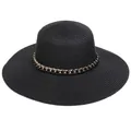Chic black wide brim straw sun hat featuring a stylish chunky gold chain decoration - 56-58cm / Metal Chain Leather Belt (288D) / Black