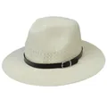 Classic cream woven straw fedora hat featuring a stylish black leather band with buckle - Buckle Belt Style / Off White