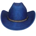 Glitzernder dunkelblauer Western Cowboyhut mit farbenfrohem ethnischem Webband Dekor - Flach-Top-Stil (347) / Blau