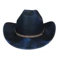 Dunkelblauer Cowboyhut aus glitzerndem Polyester mit Ethno-Muster-Verzierungsband - Flach-Top-Stil (347) / Dunkelblau