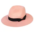 Women's light pink summer straw fedora with black ribbon bow and woven texture - Wide Ribbon Bow Style / Pink
