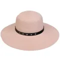 Pink wide brim straw hat featuring black leather strap with silver star rivets detail - 56-58cm / Star Rivet Leather Belt (289A) / Pink