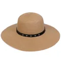 Khaki wide brim straw beach hat with black band and silver star rivets for sun protection - 56-58cm / Star Rivet Leather Belt (289B) / Khaki