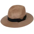 Brown woven straw fedora hat with a black ribbon bow and elegant summer texture - Wide Ribbon Bow Style / Khaki