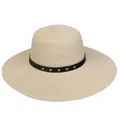 Beige wide brim straw sun hat featuring a black band with silver star metal studs - 56-58cm / Star Rivet Leather Belt (289C) / Beige