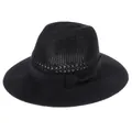 Elegant black woven straw hat with matching ribbon bow and breathable mesh texture - Wide Ribbon Bow Style / Black