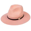 Pale pink woven straw fedora hat featuring a black band and heart-shaped wooden buckle - Heart Pendant / Pink