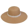 Elegant khaki straw beach hat with wide brim, white lace trim and pearl accents - 56-58cm / Lace Artificial Pearl Flower (290B) / Khaki