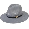Gray knitted summer straw hat featuring black woven band and heart-shaped wood charm - Heart Pendant / Gray