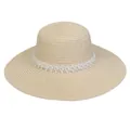 Beige wide brim straw sun hat for women featuring delicate white lace and pearl accents - 56-58cm / Lace Artificial Pearl Flower (290C) / Beige