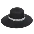 Elegant black wide-brim woven straw sun hat with white lace floral and pearl band - 56-58cm / Lace Artificial Pearl Flower (290D) / Black