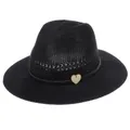 Black breathable woven straw fedora with decorative cord and heart wooden pendant - Heart Pendant / Black
