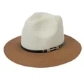 Breathable cream and brown bicolor woven straw Panama hat with black leather strap buckle - M(56-58cm) / Beige And Khaki (348-A)