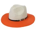 Panama straw sun hat in cream and bright orange with decorative black band and gold buckle - M(56-58cm) / Beige And Orange (348-B)