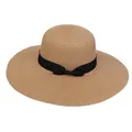 Elegant wide-brim straw sun hat in beige with a black decorative bow for women - 56-58cm / Simple Satin Ribbon Bow (291B) / Khaki