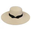 Elegant beige wide-brim straw sun hat with black ribbon bow and woven texture - 56-58cm / Simple Satin Ribbon Bow (291C) / Beige