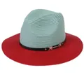 Panama straw hat with mint green top and deep red brim featuring a gold buckle strap - M(56-58cm) / Mint Green And Red (348-C)