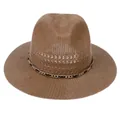 Breathable brown woven straw fedora featuring a stylish gold chain and ribbon band - Chain Decor / Khaki