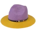 Panama straw hat in purple and yellow color block with a black leather belt detail - M(56-58cm) / Purple And Yellow (348-D)