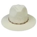 Breathable cream hollow-out woven straw fedora hat with gold metal chain and black ribbon band - Chain Decor / Off White