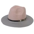 Foldable panama sun hat with pink crown, grey wide brim and black leather band - M(56-58cm) / Pink And Gray (348-E)