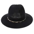 Chic black breathable woven fedora for summer with a stylish gold chain band detail - Chain Decor / Black