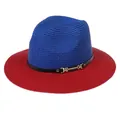 Straw Panama hat with blue crown and red wide brim featuring a black ribbon and gold buckle - M(56-58cm) / Blue And Red (348-F)