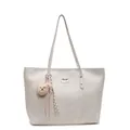 Large beige commuter tote bag with leather texture and cute plush bear charm - No Pendant / Off White