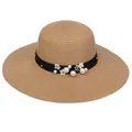 Wide brim straw sun hat with black ribbon, white faux pearls and floral accents - 56-58cm / Artificial Pearl Flower Satin Ribbon (292B) / Khaki