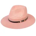 Elegant peach pink woven straw sun hat for women with black belt and golden buckle - Rivet Buckle Style / Pink