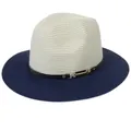 Two-tone Panama straw fedora hat in beige and navy blue with decorative buckle belt - M(56-58cm) / Beige And Navy Blue (348-G)