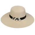 Women's foldable beige straw sun hat with black ribbon, pearls and floral accents - 56-58cm / Artificial Pearl Flower Satin Ribbon (292C) / Beige