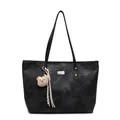 Black washed canvas tote bag with metal rivets and a cute plush bear charm accessory - No Pendant / Black