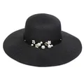 Black wide brim straw sun hat with white flower and pearl embellishments - 56-58cm / Artificial Pearl Flower Satin Ribbon (292D) / Black