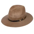 Brown woven straw fedora hat for summer with a black leather band and metal buckle - Rivet Buckle Style / Khaki