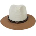Two-tone Panama straw cowboy hat with cream crown, brown brim, and silver bull head detail - M(56-58cm) / Beige And Khaki (349-A)