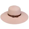Women's wide brim straw sun hat in soft light pink with brown leather buckle strap - 56-58cm / Leather Belt with Buckle (293A) / Pink