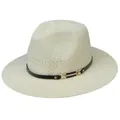 Classic cream woven straw panama hat with elegant black leather belt and gold buckle - Rivet Buckle Style / Off White