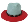 Panama straw hat with mint green crown, red brim and bull head leather band - M(56-58cm) / Mint Green And Red (349-C)